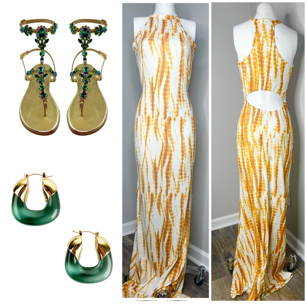 Sleeveless Halter Maxi Dress in White and Mustard Tie-Dye- PRELOVED - Medium